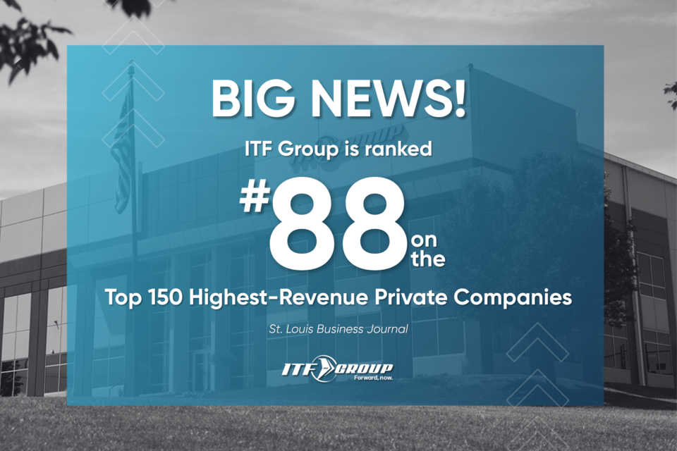 Graphic announcing ITF Group ranked #88 on the St. Louis Business Journal’s 2024 list of the Top 150 Highest-Revenue Private Companies, with a blue overlay on the company headquarters.